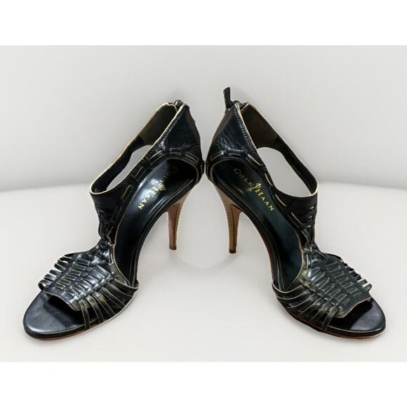 Cole Haan Women’s Black Leather Open Toe Heels Size 6B - Ankle zip - Picture 6 of 7